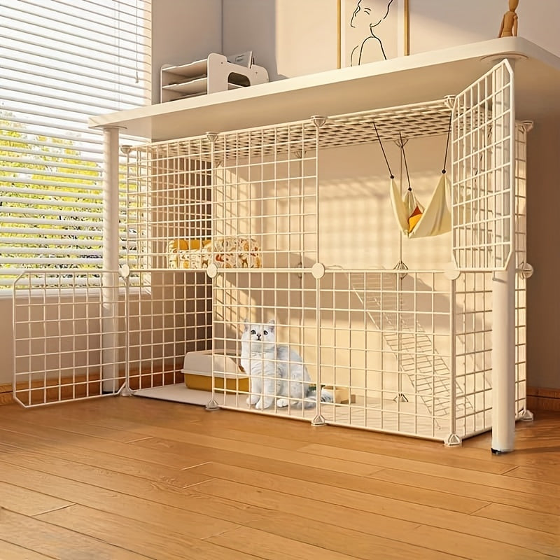 منزل كبير للقطط الداخلية - قصر فضة واسع متعدد المستويات مع تصميم شبكة سوداء وأبيض، سياج للقطط يمكنك بناؤه بنفسك، بيت كلب معدني لقطط واحدة أو اثنتين، أرنب، كلب صغير - عدة أقسام، حديقة محيطة آمنة للمنزل أو الشقة، أثاث منزل للقطط، بيت حيوانات أليفة معزول، بن