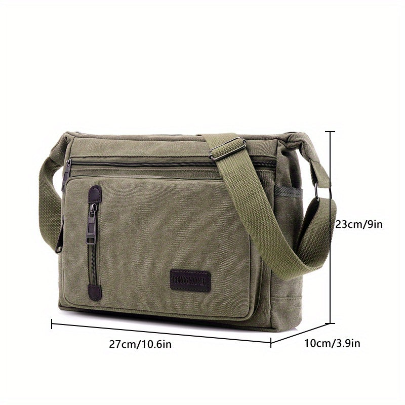 حقيبة كتف رجالية عادية من القماش الكانفاس بسعة كبيرة وجيوب متعددة قابلة للتعديل باللون الأخضر العسكري للاستخدام اليومي والسفر والأنشطة الخارجية، تصميم أنيق مع جيوب | إغلاق بسحاب آمن