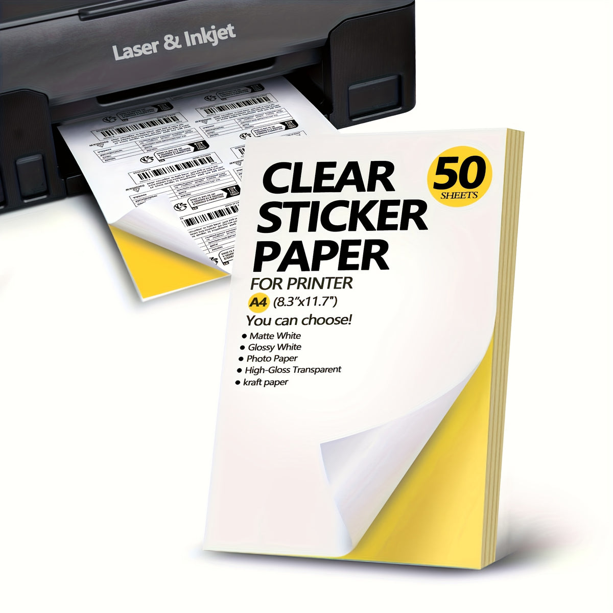 50 ورقة ورق ملصقات شفافة A4، ملصقات ذاتية اللصق للطابعة، مادة أساسية: ورق، أبيض مطفي، شفاف عالي اللمعان، وخيارات إضافية