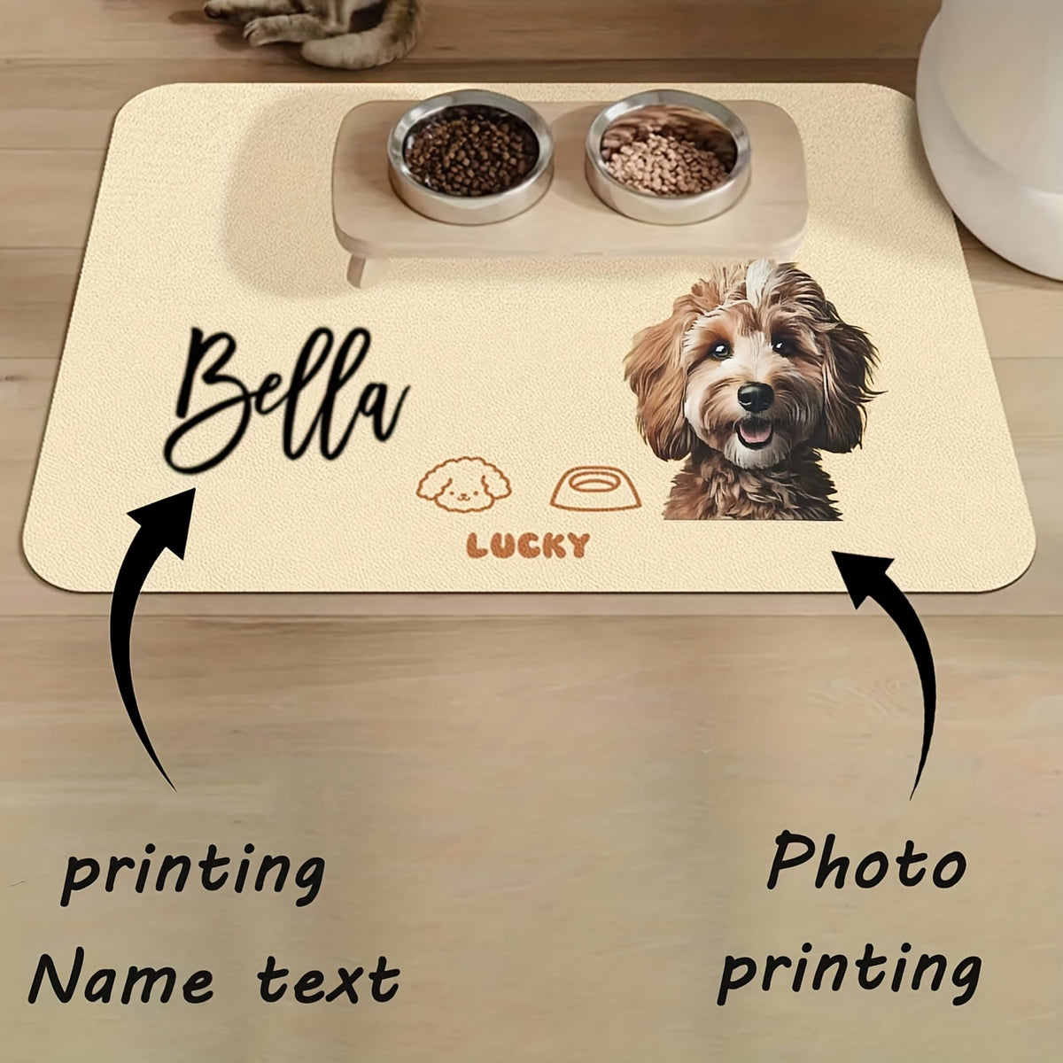 حصيرة طعام مخصصة للكلاب مع صورة واسم الحيوان الأليف - حصيرة طعام مقاومة للماء من البولي يوريثان، تصميم سلال الكلاب اللطيف، حصيرة تغذية متينة لوعاء الجرو، هدية جديدة للجرو، مفارش طاولة بتصميم كلابي، سطح سهل التنظيف