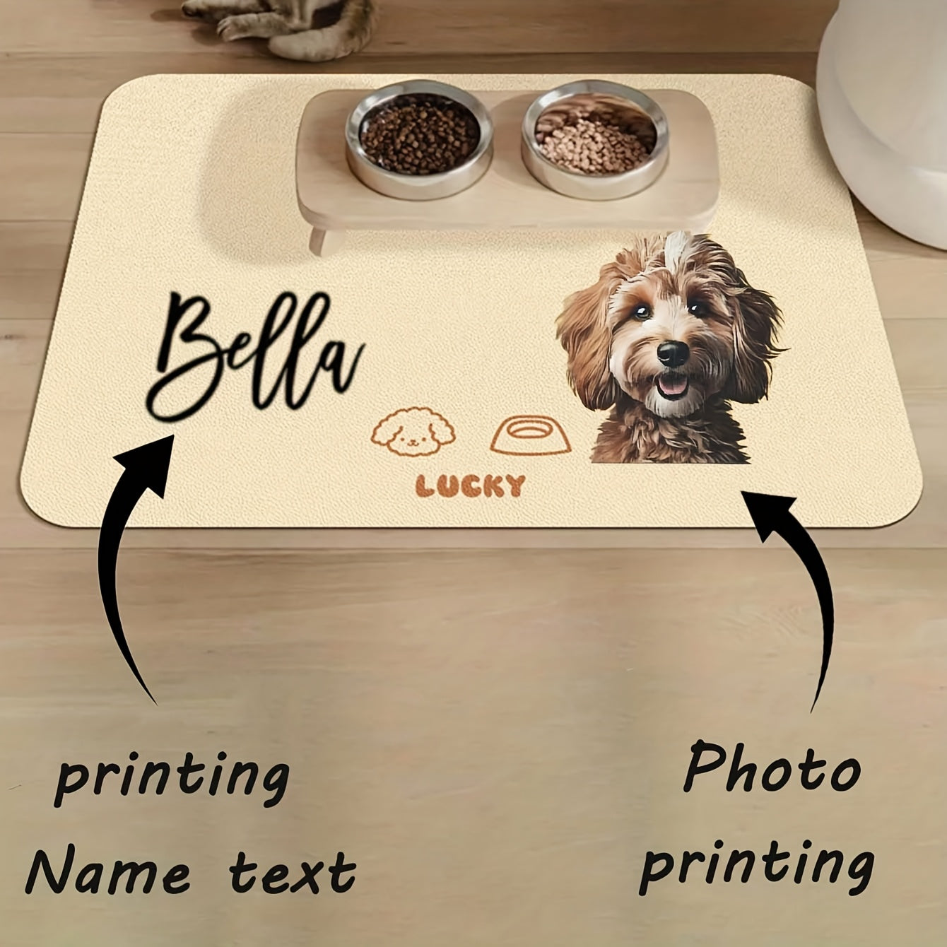 حصيرة طعام مخصصة للكلاب مع صورة واسم الحيوان الأليف - حصيرة طعام مقاومة للماء من البولي يوريثان، تصميم سلال الكلاب اللطيف، حصيرة تغذية متينة لوعاء الجرو، هدية جديدة للجرو، مفارش طاولة بتصميم كلابي، سطح سهل التنظيف