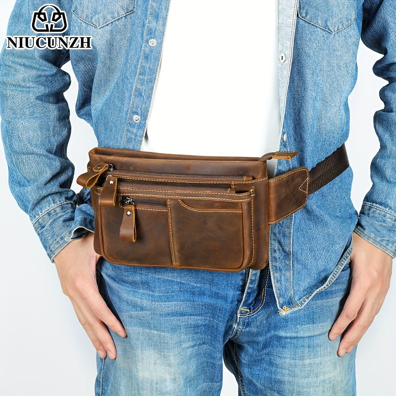 NIUCUNZH حقيبة خصر جلدية كلاسيكية للرجال - حقيبة صدرية غير رسمية مع أقسام متعددة، حزام قابل للتعديل، وجيوب بسحاب للاستخدام اليومي، والتسلق والأنشطة الخارجية، وحقيبة ظهر Gea