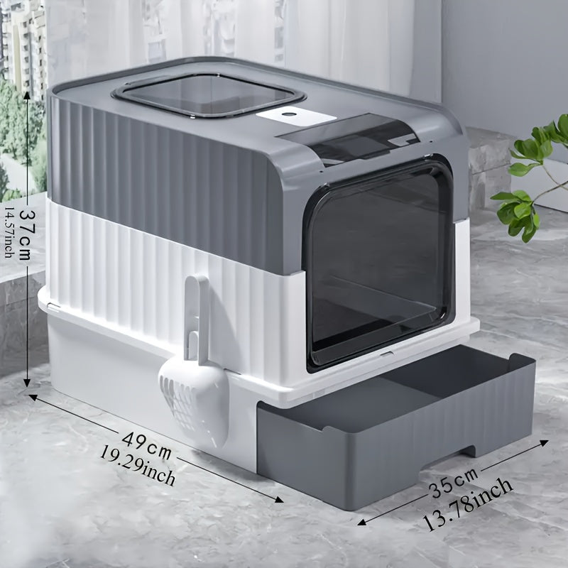 صندوق فضلات قطط كبير جدًا بتصميم مزدوج الممرات مع درج ومغرفة، مقاوم للروائح والتناثر، سهل التنظيف، مصنوع من مادة PP متينة، تصميم رمادي/وردي/أخضر - هدايا مثالية لعشاق القطط | هدايا عيد الميلاد