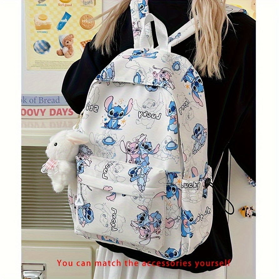 حقيبة ظهر نايلون خفيفة الوزن من ستيتش وأصدقائه - تصميم لطيف مع أرنب من القطيفة، جيوب متعددة بسحاب، حزام قابل للتعديل، يمكن غسلها في الغسالة، مثالية للعمل أو هدية عيد الحب، حقيبة ظهر | تصميم لطيف | حقيبة ظهر متينة