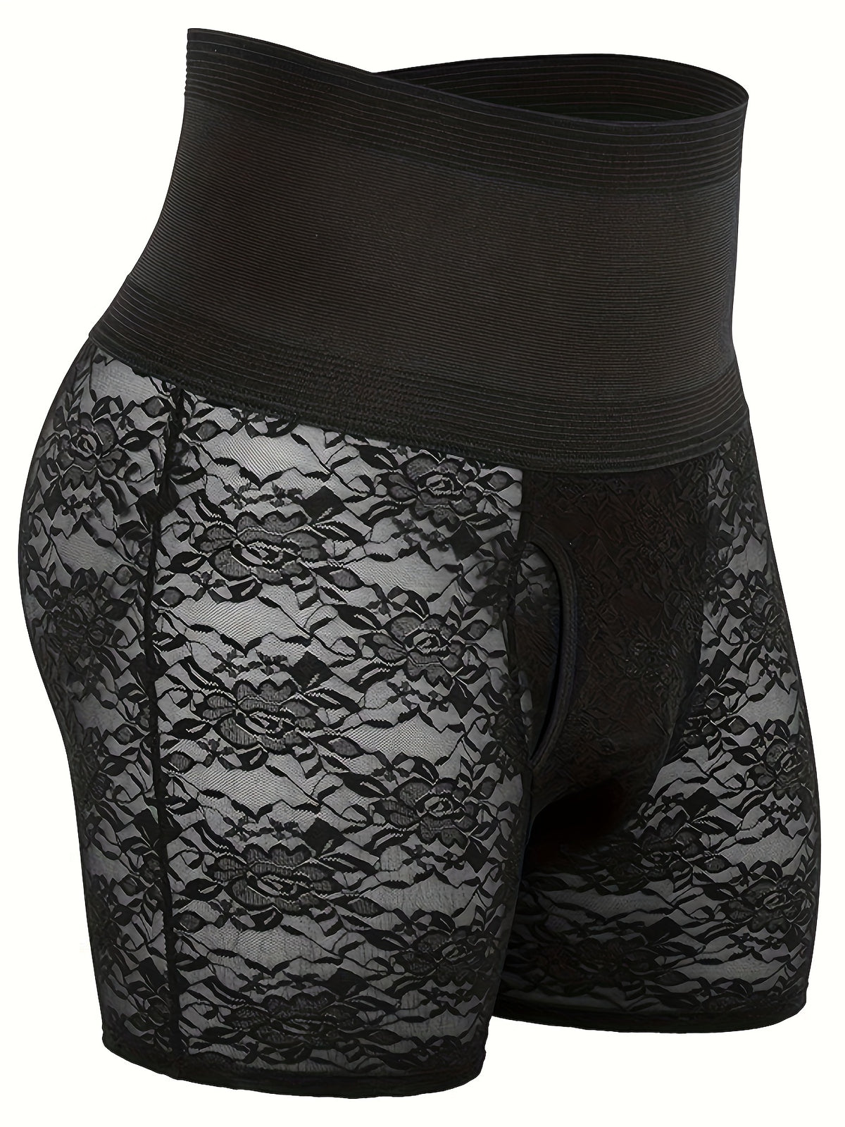 بنطلون ضيق للرجال بخصر عالي مع زخرفة دانتيل، قطعة واحدة - خامة تنفس ومطاطة متوسطة، مقاس 5/8، مناسب للملابس الكاجوال والمناسبات الرسمية، تصميم شبه شفاف | حزام خصر مريح، ملابس داخلية لضبط البطن