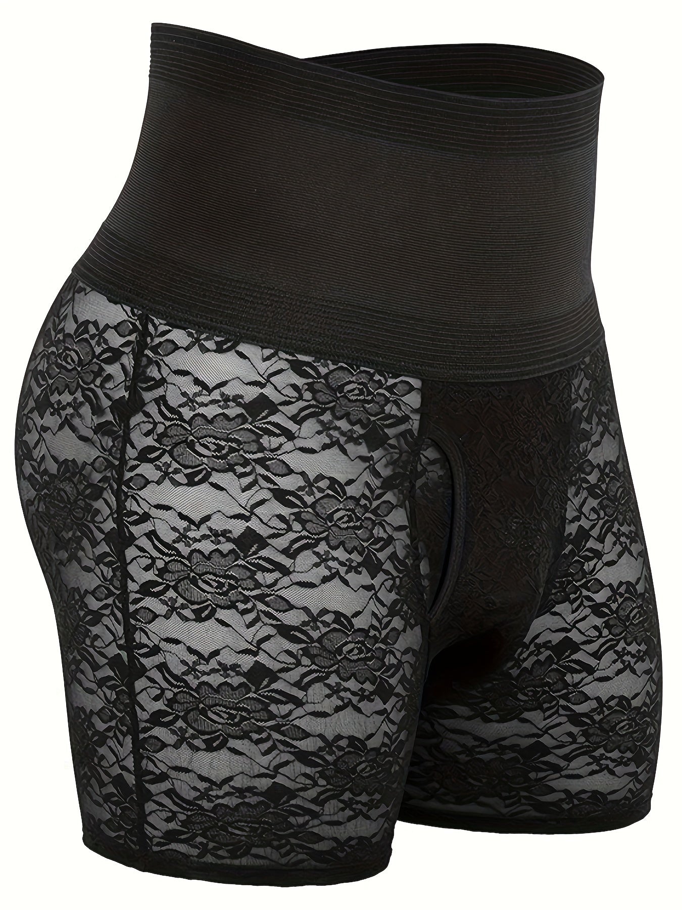 بنطلون ضيق للرجال بخصر عالي مع زخرفة دانتيل، قطعة واحدة - خامة تنفس ومطاطة متوسطة، مقاس 5/8، مناسب للملابس الكاجوال والمناسبات الرسمية، تصميم شبه شفاف | حزام خصر مريح، ملابس داخلية لضبط البطن