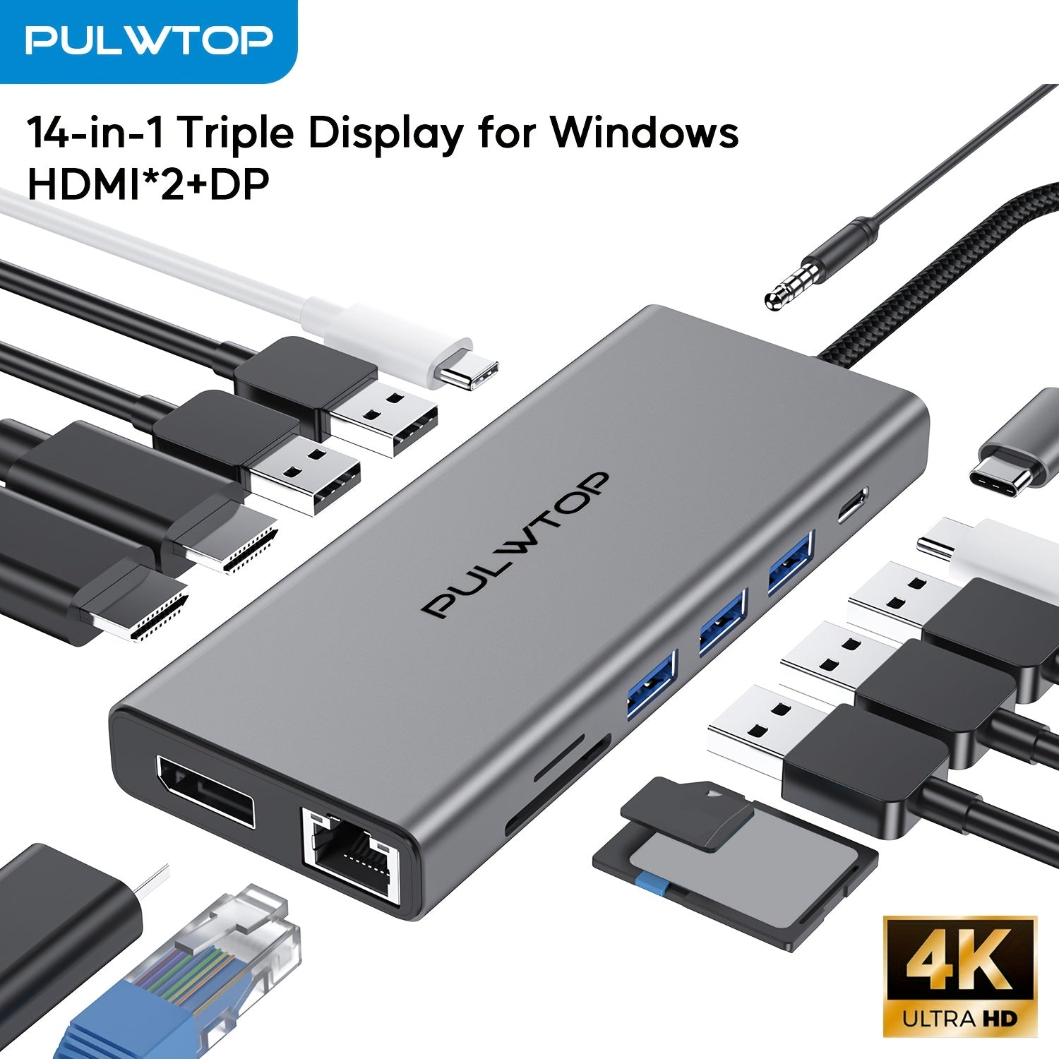 محطة التوصيل PULWTOP 14 في 1 USB-C لأجهزة MacBook وأجهزة HP وأجهزة سطح لاب توب - شاشة مزدوجة، HDTV+DP+، إيثرنت+SD+TF+منافذ USB C، شحن سريع PD، محول متعدد المنافذ مع محور USB-C، منفذ صوت، وتقديم الطاقة