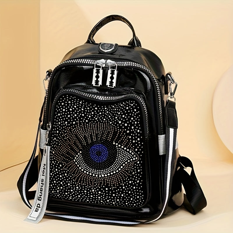 حقيبة ظهر أنيقة من حجر الراين للسيدات، أنيقة ومتعددة الاستخدامات، حقيبة سفر فاخة ذات سعة كبيرة مصنوعة من المعدات اللامعة، مثالية للمغامرات.