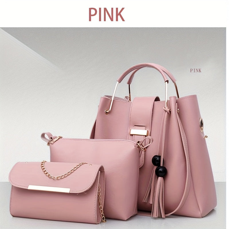 مجموعة وردية للأم والابنة - حقيبة يد أنيقة وحقيبة كتف وحقيبة بزيبير وإبزيم وحزام سلسلة وتفاصيل من الشراشيب، مثالية للاستخدام اليومي، حقائب يومية|حقيبة كتف أنيقة|حقيبة بحزام سلسلة