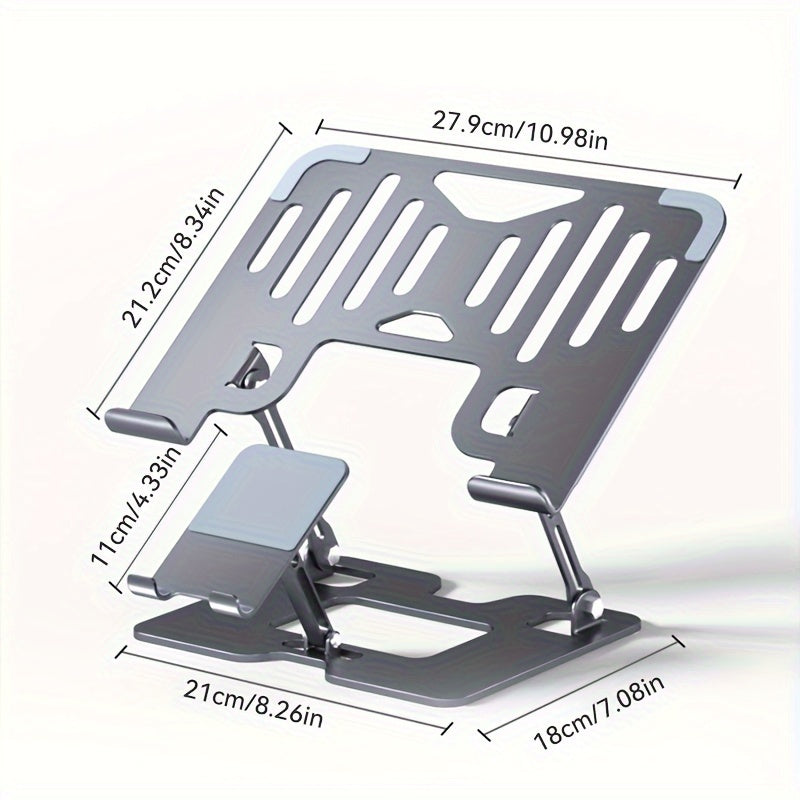 حامل قابل للتعديل 2 في 1 للابتوب والتابلت - وسادة تبريد قابلة للطي من الفولاذ الكربوني مع زيادة الارتفاع العمودي، قاعدة غير قابلة للانزلاق للاستخدام المكتبي، تحمل الهاتف الذكي والابتوب في نفس الوقت