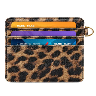 حامل بطاقات أنيق وخفيف للنساء، حافظة بطاقات ائتمان الجيب، بطاقة بطاقات بتصميم الفهد، محفظة بسيطة، حجب RFID، خفيف الوزن، صغير، لطيف، بني، حامل بطاقات بتصميم الفهد مع مشبك على شكل حرف D