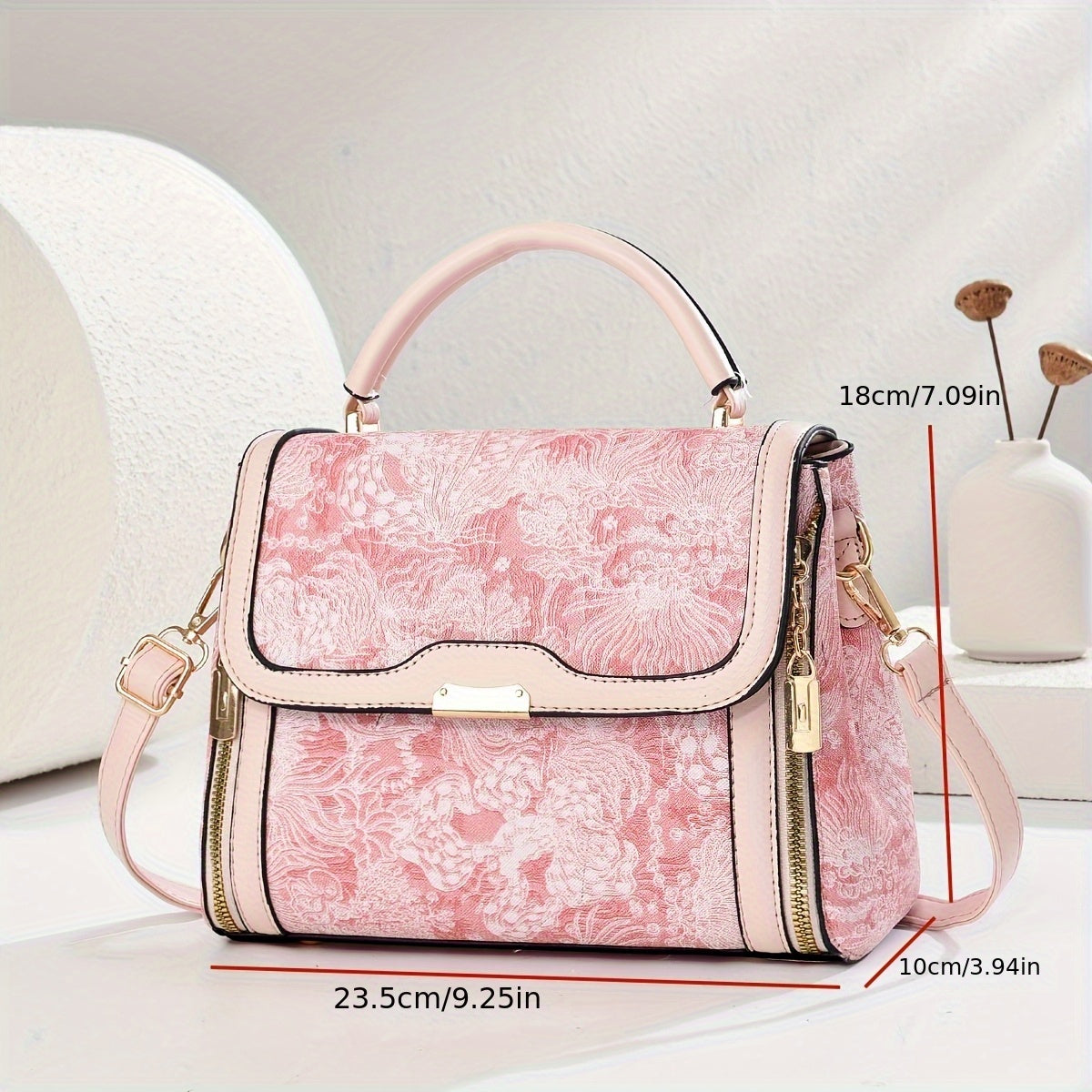 حقيبة كتف أنيقة بنمط زهور وردي مع معدات ذهبية - متينة، إغلاق بسحاب، حزام قابل للتعديل، حقيبة كتف أنيقة | حقيبة بنمط زهور | إغلاق بسحاب، حقيبة كتف