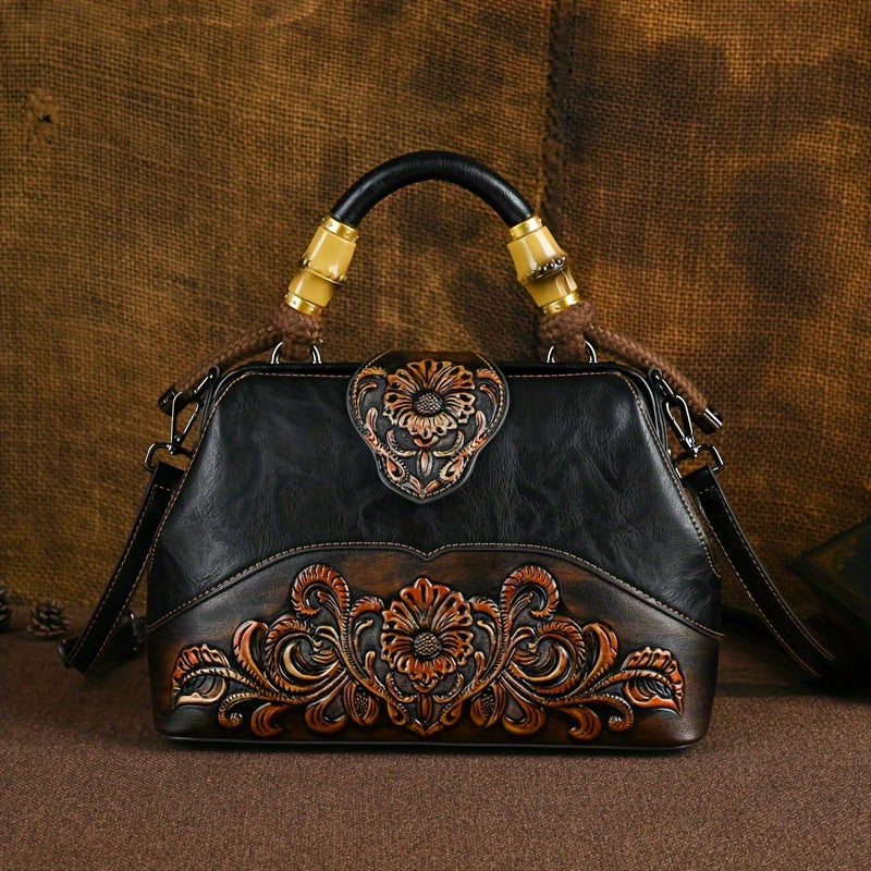 حقيبة يد نسائية بتصميم زهور عتيقة، متعددة الأقسام بسعة كبيرة، مصنوعة يدويًا مع تزيين التطريز، حقيبة رسول خفيفة الوزن مع حزام قابل للإزالة، إغلاق بإبزيم، بطانة بوليستر، تفاصيل طلاء الحافة - نمط أنيق للأعمال، هدية مثالية للأم، ضرورة الخريف، تصميم مستوحى من