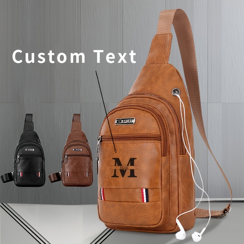 حقيبة كتف رجالية قابلة للتخصيص 1 قطعة - أسلوب فينتاج، حقيبة عالية الجودة بحزام قابل للتعديل، عدة جيوب بسحاب، جيب لسماعات الرأس وحامل زجاجة شبكي للخروجات العادية، إكسسوار شخصي | خيار نص مخصص