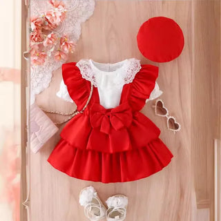 3pcs christmas baby بنات صيف clothes sets أكمام قصيرة lace collars romper tops solid suspender جيب hat toddlers' صيف