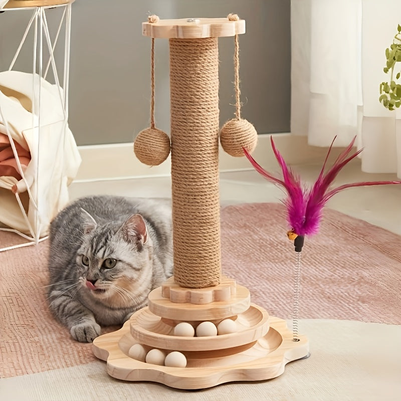 لعبة خدش للقطط مع لعبة إغراء دوارة 360 درجة - عمود خدش للقطط متين 2 في 1 - إكسسوارات حيوانات أليفة مع ريش اصطناعي، لون عشوائي