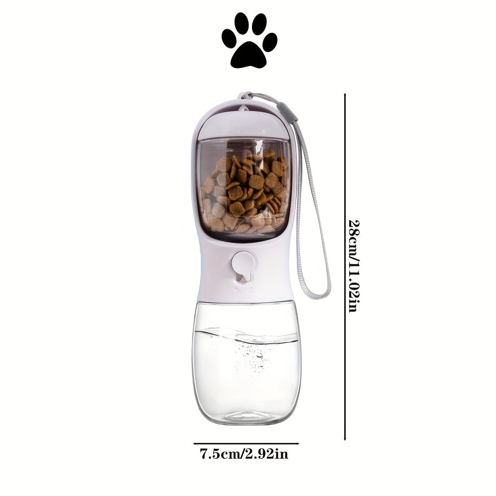 زجاجة تغذية وسقي محمولة للكلاب والقطط 2 في 1 - مغذي خارجي مع علامات قياس، بلاستيك متين، تصميم مانع للتسرب وحزام تعليق للمشي لمسافات طويلة والسفر والتخييم