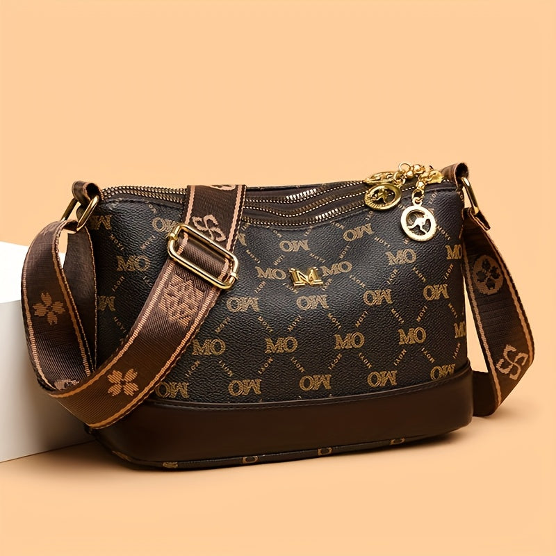 حقيبة كروسبودي بيضاء أنيقة من البولي يوريثان بنقشة هندسية، حزام كتف قابل للتعديل، مساحات متعددة، إغلاق بسحاب، وبطانة بوليستر - مثالية للخروجات العادية، المكتب، والاستخدام متعدد المشاهد، حقيبة كروسبودي صغيرة