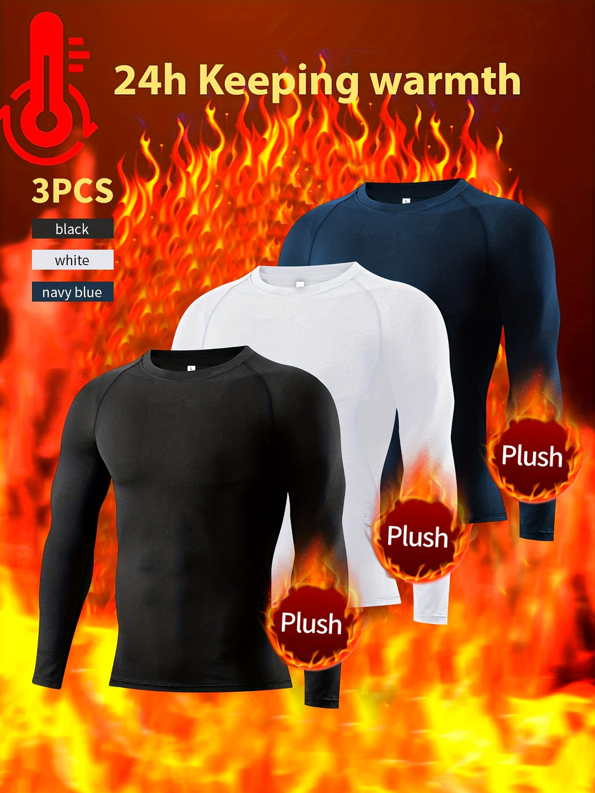 3 قطع من قمصان الرجال ذات الأكمام الطويلة المبطنه بالفليس، طبقة أساسية مريحة بأكمام طويلة، قماش محبوك بلون موحد عالي المرونة، تصميم ضيق، مثالية للتزلج في الشتاء والمشي، قمصان رياضية غير رسمية.