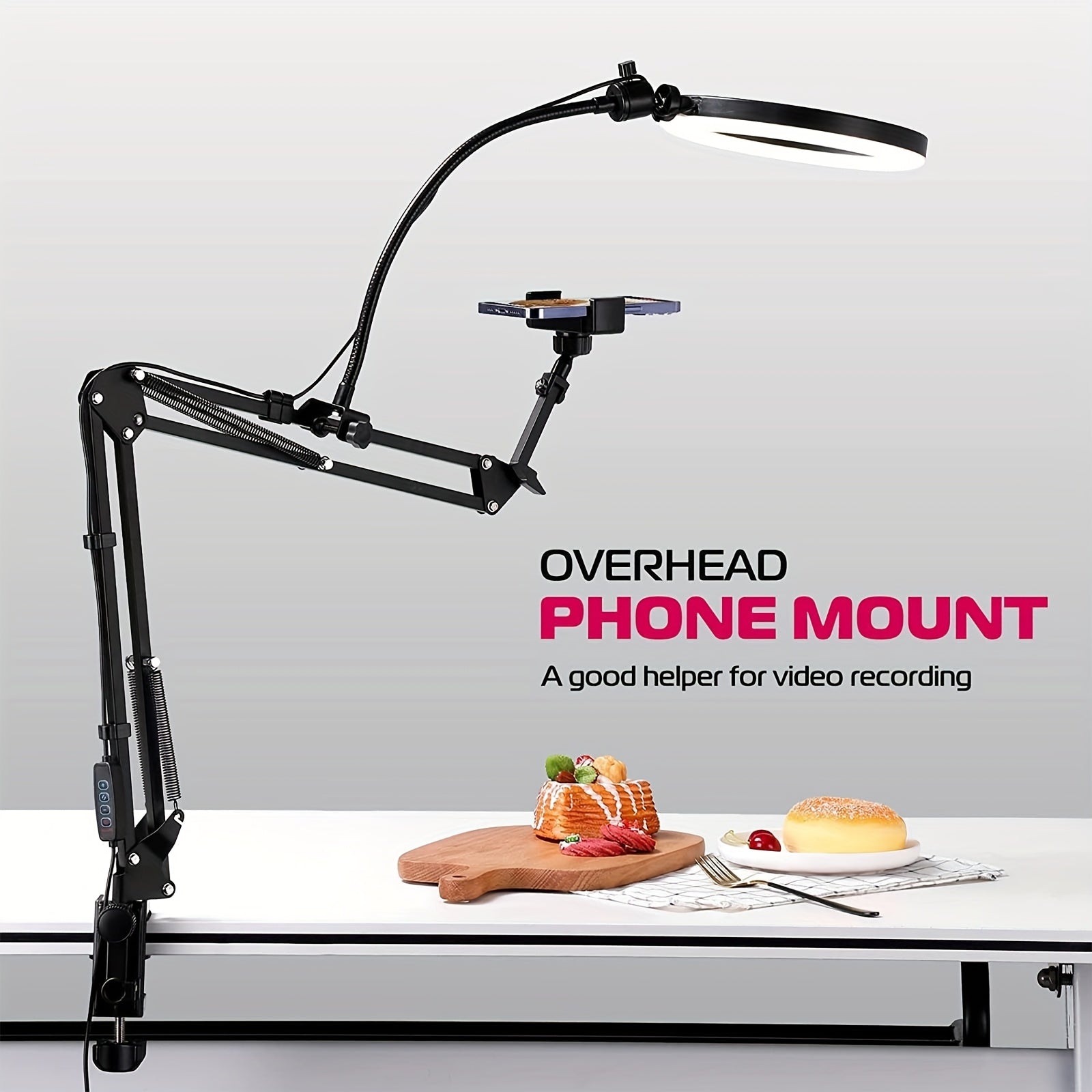 حامل هاتف قابل للتعديل من سبائك الألومنيوم مع حلقة إضاءة، حامل مكتبي متعدد الأغراض للبث المباشر والطهي والرسم وتصميم الأظافر، إكسسوار مطبخ | تشطيب أسود أنيق | ذراع قابل للتعديل، حامل هاتف للمكتب