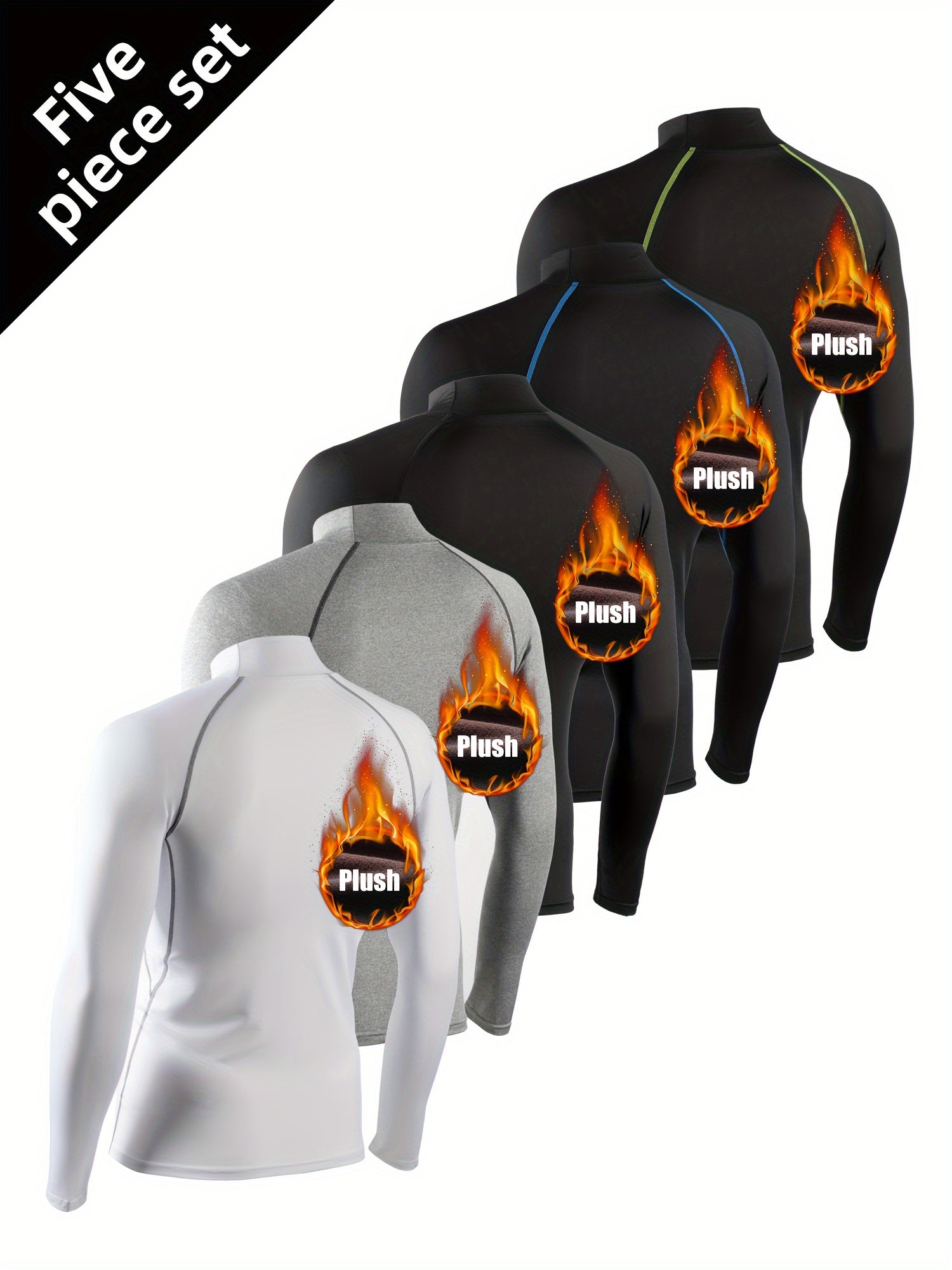 5 قطع مجموعة قميص رياضي بطانة صوفية للخريف/الشتاء بأكمام طويلة سريع الجفاف للياقة البدنية والتدريب - رجالي للتزلج وكرة السلة وكرة القدم