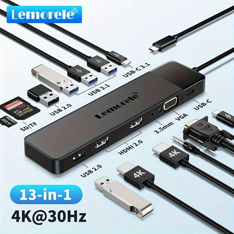 قاعدة 13 في 1 HMTV * 2 تدعم 4K@30Hz واجهة VGA واجهة USB3.0 واجهة USB-C فتحة بطاقة SD/TF و3.5 صوت متعدد في واحد محرك أقراص ثابتة قابل للقراءة مخصص لـ MACBOOK PRO/AIR ومحرك أقراص فلاش USB