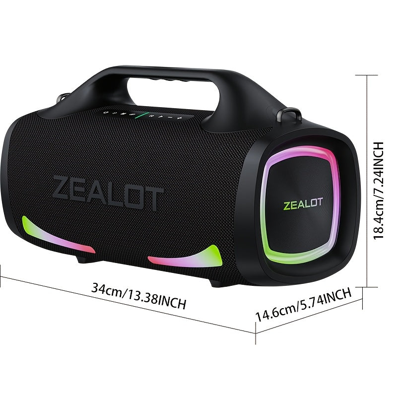 ZEALOT S79 100W مكبر صوت لاسلكي قوي للخارجية المحمولة مع مقبض، جودة صوت عالية الوضوح، ضوء RGB، مقاوم للماء IPX 5، إمكانية الاتصال المزدوج TWS، شحن سريع، عمر بطارية طويل، 36 ساعة تشغيل ستيريو بصوت عالٍ، باس قوي. كابل شحن، الاتصال بالهاتف المحمول/الكمبيوتر