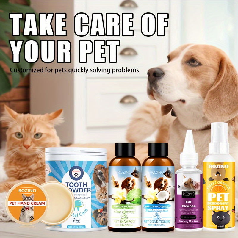 حزمة هدايا للعناية بالحيوانات الأليفة من 6 قطع، مجموعة تنظيف الكلاب والقطط، تشمل الشامبو، بلسم الشعر، رذاذ مزيل العرق، مسحوق أسنان الحيوانات الأليفة، قطرات للأذن، كريم القدمين، تنظيف لطيف، سهل الشطف، نفس منتعش، شعر لامع