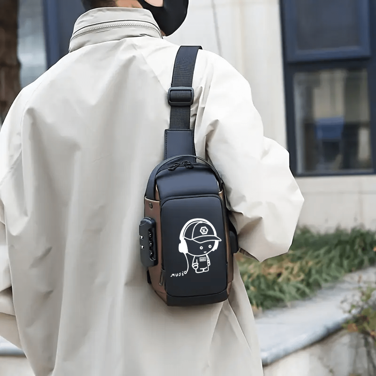 حقيبة كتف رجالية جديدة مطبوعة تضيء في الظلام بنقشة أكسفورد مع قفل رقمي - حقيبة ظهر أنيقة للدراجات النارية بجيب للهاتف، إغلاق بسحاب للتنقل اليومي، حقيبة كروسبودي تجارية مضادة للسرقة - حقيبة رياضية عادية للسفر بحزام قابل للتعديل، حزمة خصر متعددة الجيوب، هدي