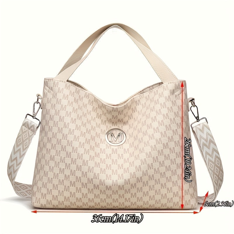 حقيبة كتف كبيرة بنقشة شيفرون وموجة للنساء من بيرفكت ليلي - حزام جلد صناعي قابل للتعديل، إغلاق مغناطيسي، تصميم خفيف الوزن مع جيوب متعددة للتنقل والاستخدام اليومي (بني داكن/أبيض/أسود)، حقيبة يومية متينة بسحاب