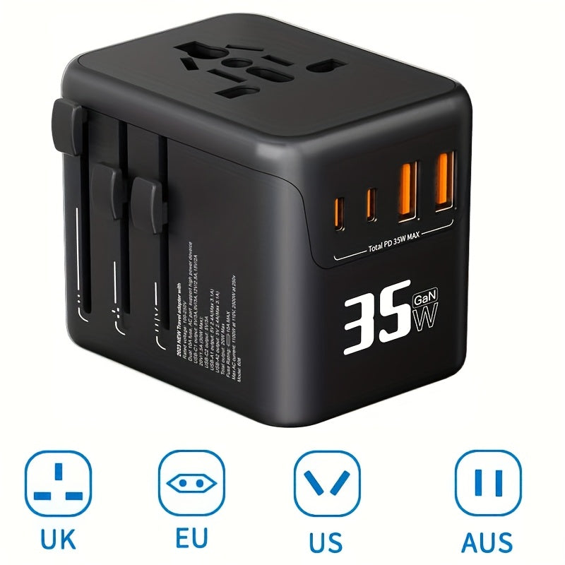 محول سفر عالمي 1 قطعة، محول كهرباء دولي بقوة 35 واط مع شاحن منفذين USB-C ومنفذا USB للولايات المتحدة والمملكة المتحدة وأستراليا