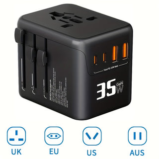 محول سفر عالمي 1 قطعة، محول كهرباء دولي بقوة 35 واط مع شاحن منفذين USB-C ومنفذا USB للولايات المتحدة والمملكة المتحدة وأستراليا