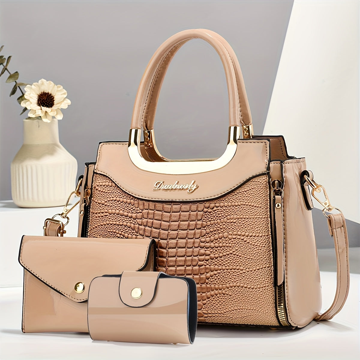 طقم حقائب يد صغيرة من ثلاث قطع بأسلوب المهرجانات الأنيقة، حقيبة أمومة بنقشة التمساح الكلاسيكية مع إغلاق بسحاب، مناسب للهدايا والعمل والسفر والدراسة