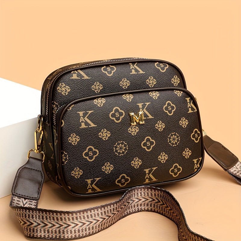 حقيبة كتف نسائية عتيقة بتصميم بوهيمي، حزام واسع قابل للتعديل، مساحات متعددة، طباعة زهور - بني داكن، مثالية للسفر والعمل والتسوق، حقيبة يد تسوق | أنيقة عبر الجسم | سحابات مزخرفة