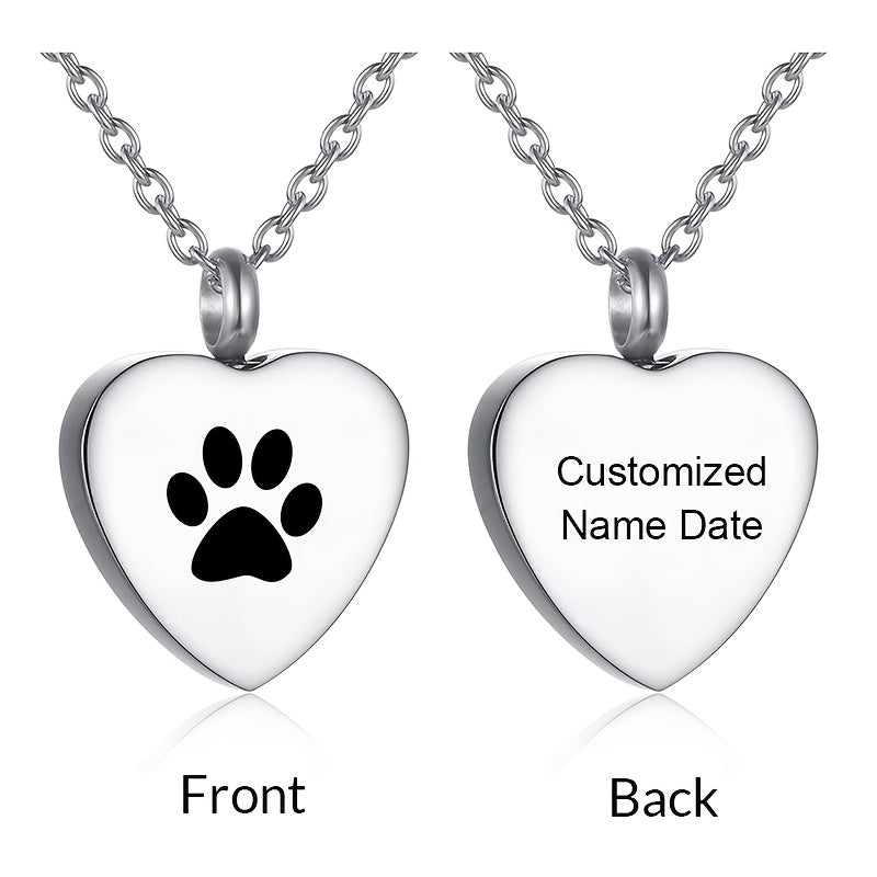قلادة تذكارية بتعليقة قلب شخصية - قلادة من الفولاذ المقاوم للصدأ لتخزين الرماد مع اسم وتاريخ محفور، تصميم بصمة مخلب محفورة - مجوهرات تذكارية مخصصة لفقدان الكلب أو القط، هدية مثالية لمحبي الحيوانات الأليفة