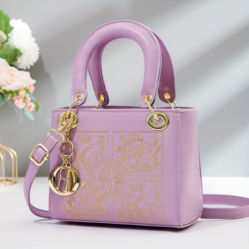 حقيبة يد نسائية أنيقة مطرزة بالزهور من الجلد الصناعي الاصطناعي مع معدات ذهبية، حزام كتف قابل للفصل، وطبقة داخلية من البوليستر - وردي، إغلاق بسحاب، أنيقة للحفلات والأحداث الرسمية، حقائب يد نسائية