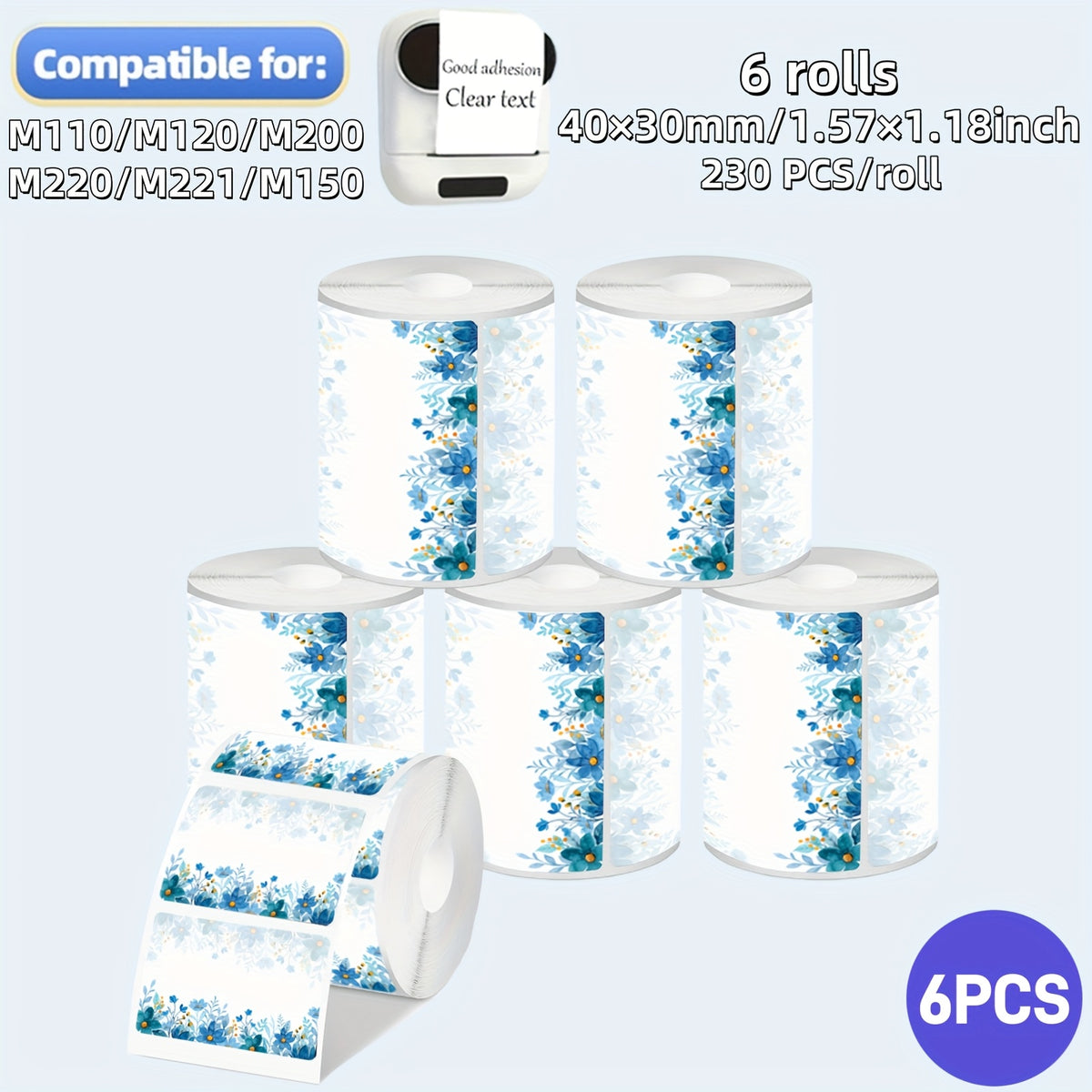 3/6 لفات ملصقات زهرية أزرق ذاتية اللصق متوافقة مع Phomemo M110/M120/M200/M220/M221/M150، بحجم 1.58x1.18 إنش (40x30 مم)، 230 ملصق لكل رول، متعددة الاستخدامات للتنظيم والديكور في المنزل والمكتب والمدرسة