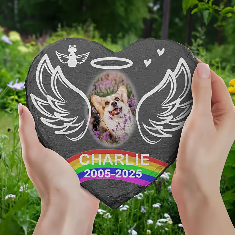 حجر تذكاري على شكل قلب للحيوانات الأليفة مع أجنحة ملاك وتخصيص الصور - نقش الاسم والتواريخ ولمسات قوس قزح - علامة قبر متينة لحديقة القطط والكلاب، نصب تذكاري على شكل قلب، تصميم بأجنحة الملاك، نقش قابل للتخصيص، حفر عالي الجودة لعشاق الحيوانات