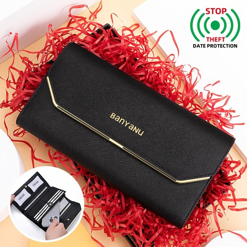 محفظة نسائية كلاسيكية طويلة من الجلد الأسود - 10 فتحات للبطاقات، 2 مكان للصور، إغلاق بتصفيفة، بطانة من البوليستر، يمكن تنظيفها بالقماش الجاف، إكسسوار أنيق | محفظة بسيطة | تصميم محفظة أنيق، محفظة كبيرة