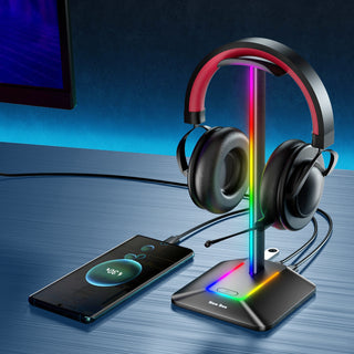 حامل سماعات رأس جديد بتصميم نحلة مع منافذ شحن USB-C وUSB واحدة، حامل سماعة ألعاب للمكتب بـ7 أوضاع إضاءة وقاعدة مطاطية غير قابلة للانزلاق مناسب لجميع ملحقات السماعات