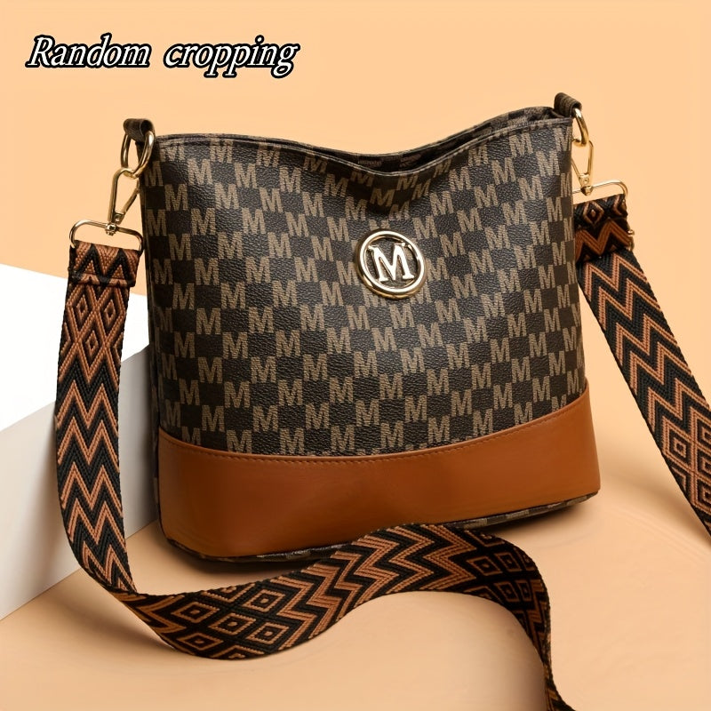 حقيبة كروس كبيرة السعة بتصميم عتيق ومزينة بحرف "M" للنساء - حزام قابل للتعديل، أدوات ذهبية اللون، نمط هندسي، بطانة من البوليستر، مثالية للتنقل اليومي والسفر والشراء - حقيبة سفر | حقيبة يد بأسلوب عتيق | حقيبة بحزام قابل للتعديل