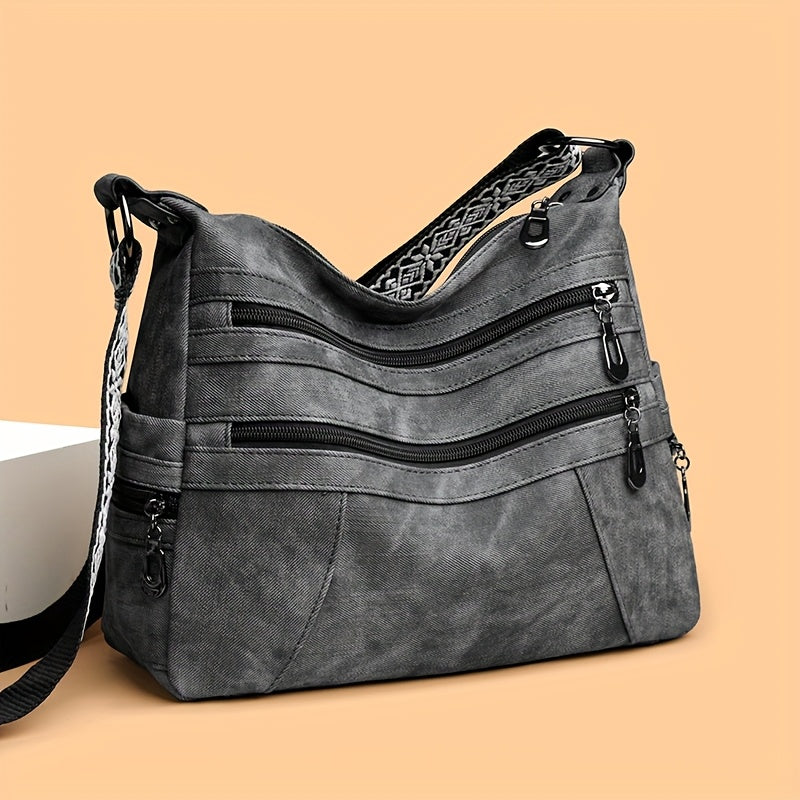 حقيبة كتف نسائية بأسلوب فينتاج ذات سعة كبيرة - خفيفة الوزن مع حزام قابل للتعديل، تصميم متعدد الجيوب وخياطة مبطنة، إغلاق بسحاب، بطانة بوليستر - مثالية للاستخدام اليومي والسفر (كاكي/رمادي/بني/أسود)