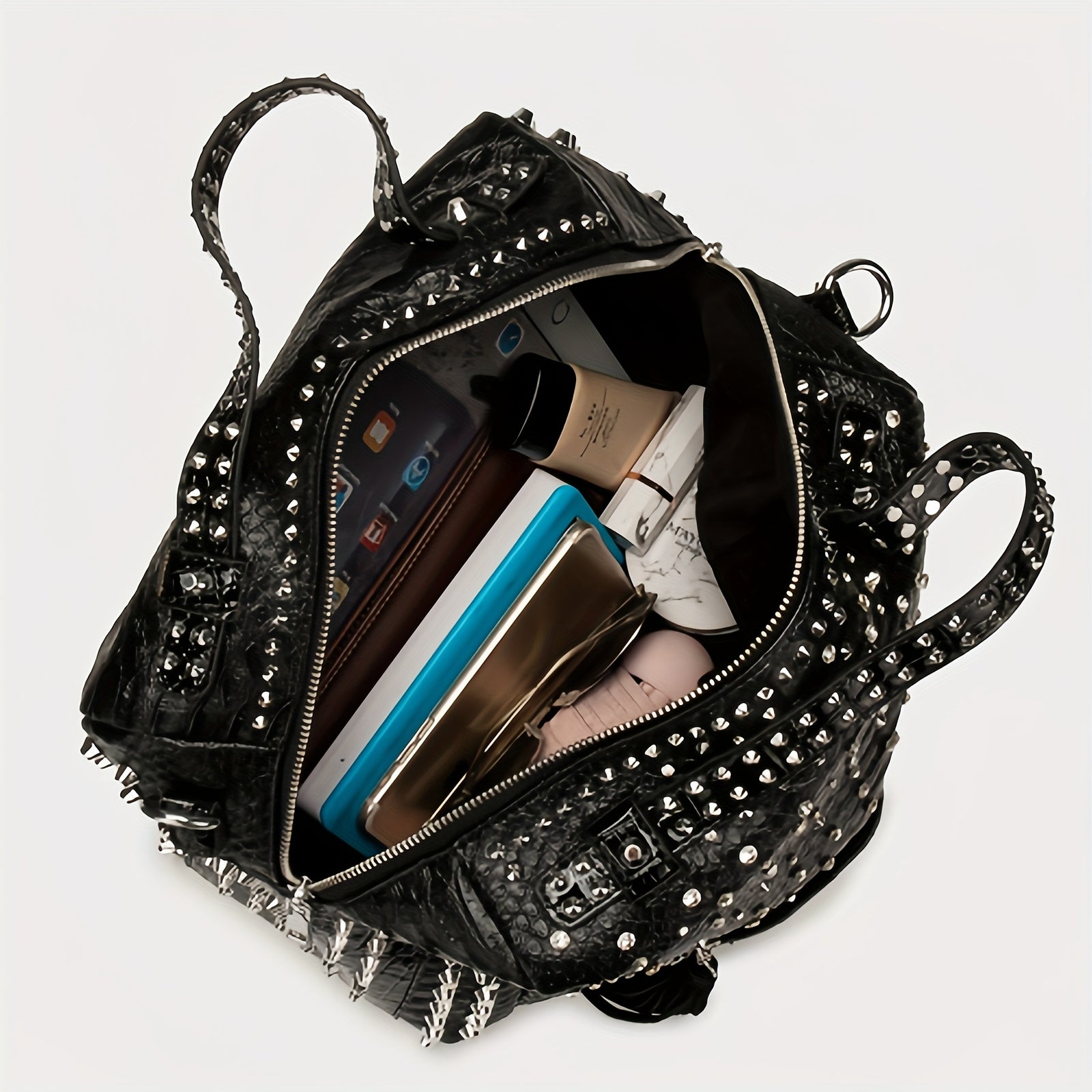 حقيبة توت نسائية مرصعة بالراينستون - حقيبة كتف أنيقة من الجلد الصناعي مع حزام قابل للتعديل، أسود/أبيض، سعة كبيرة، مثالية للأزياء اليومية أو المسائية