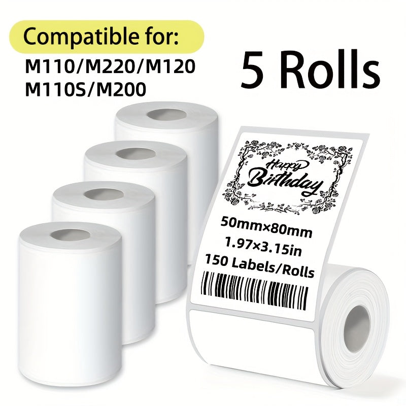 5 لفات من ملصقات الطباعة الذاتية اللصق 50x80مم (1.97x3.15 بوصة)، كل لفافة تحتوي على 150 ورقة لتسميات الملابس، تغليف الهدايا، العناوين، البريد، مشاريع DIY، تسمية الباركود، متوافقة مع M110/M220/M120M110S/M200