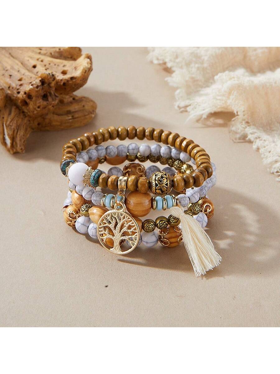 4 أطقم من أساور الخرز الخشبي والشرابات بطراز بوهيمي، متعددة الألوان ومتعددة الطبقات للرجال والنساء