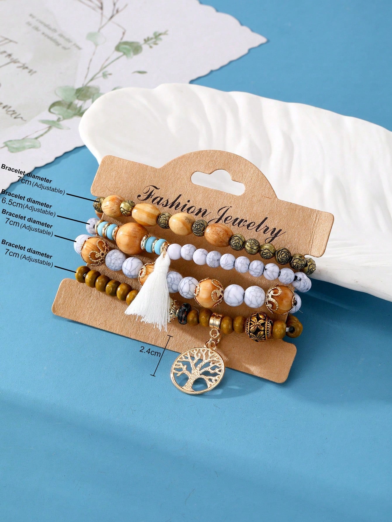 4 أطقم من أساور الخرز الخشبي والشرابات بطراز بوهيمي، متعددة الألوان ومتعددة الطبقات للرجال والنساء