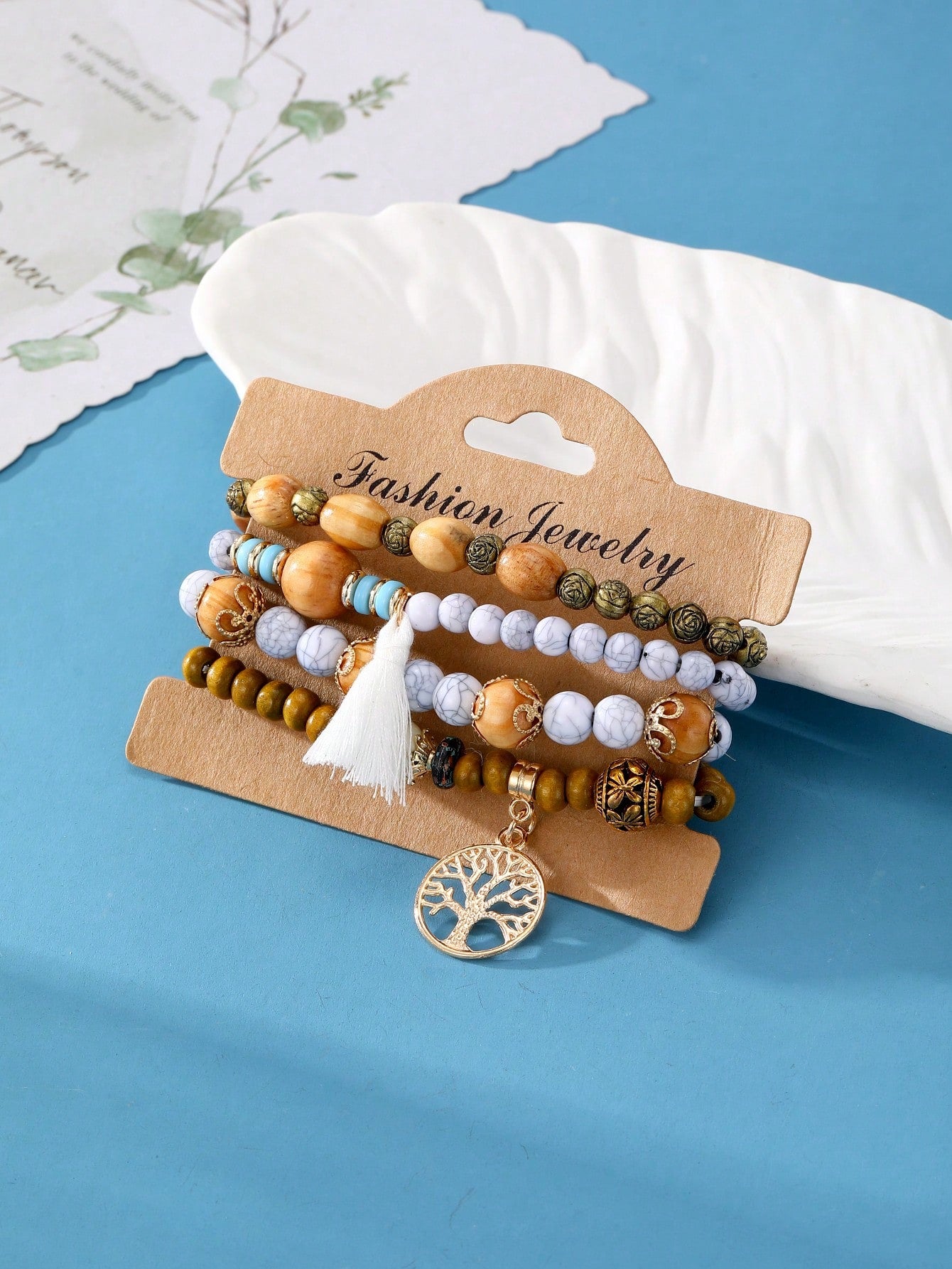 4 أطقم من أساور الخرز الخشبي والشرابات بطراز بوهيمي، متعددة الألوان ومتعددة الطبقات للرجال والنساء