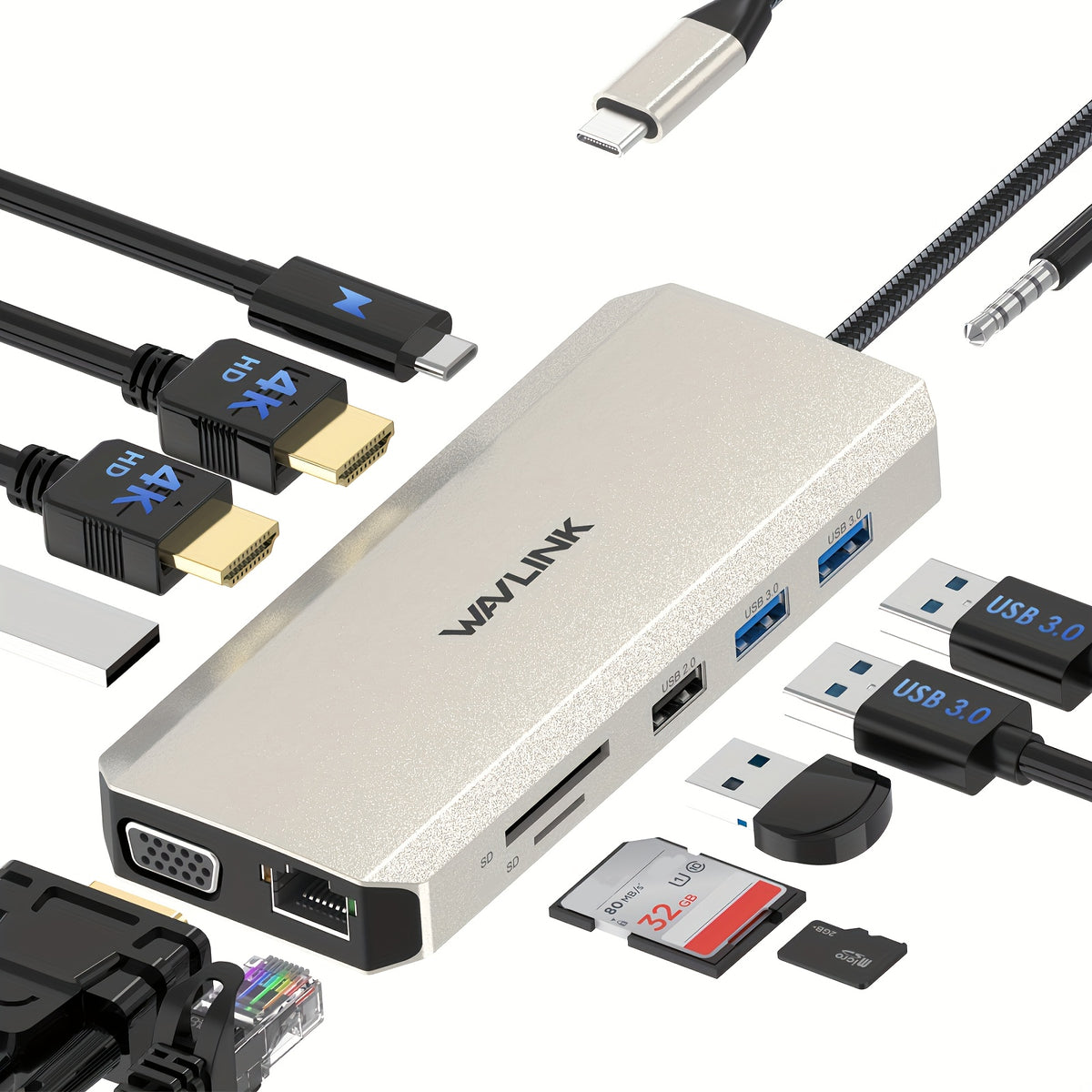 محطة توصيل WAVLINK 12-في-1 USB-C مع شاشة ثلاثية (2x4K HDTV & VGA)، شحن سريع PD بقوة 85 واط، منفذ إيثرنت، قارئ بطاقات USB/SD/TF، جاك صوتي - محطة ألومنيوم مدمجة لأجهزة MacBook، Windows، الهواتف الذكية، الأجهزة اللوحية - متوافقة مع Windows/Mac، بدون حاجة لبر