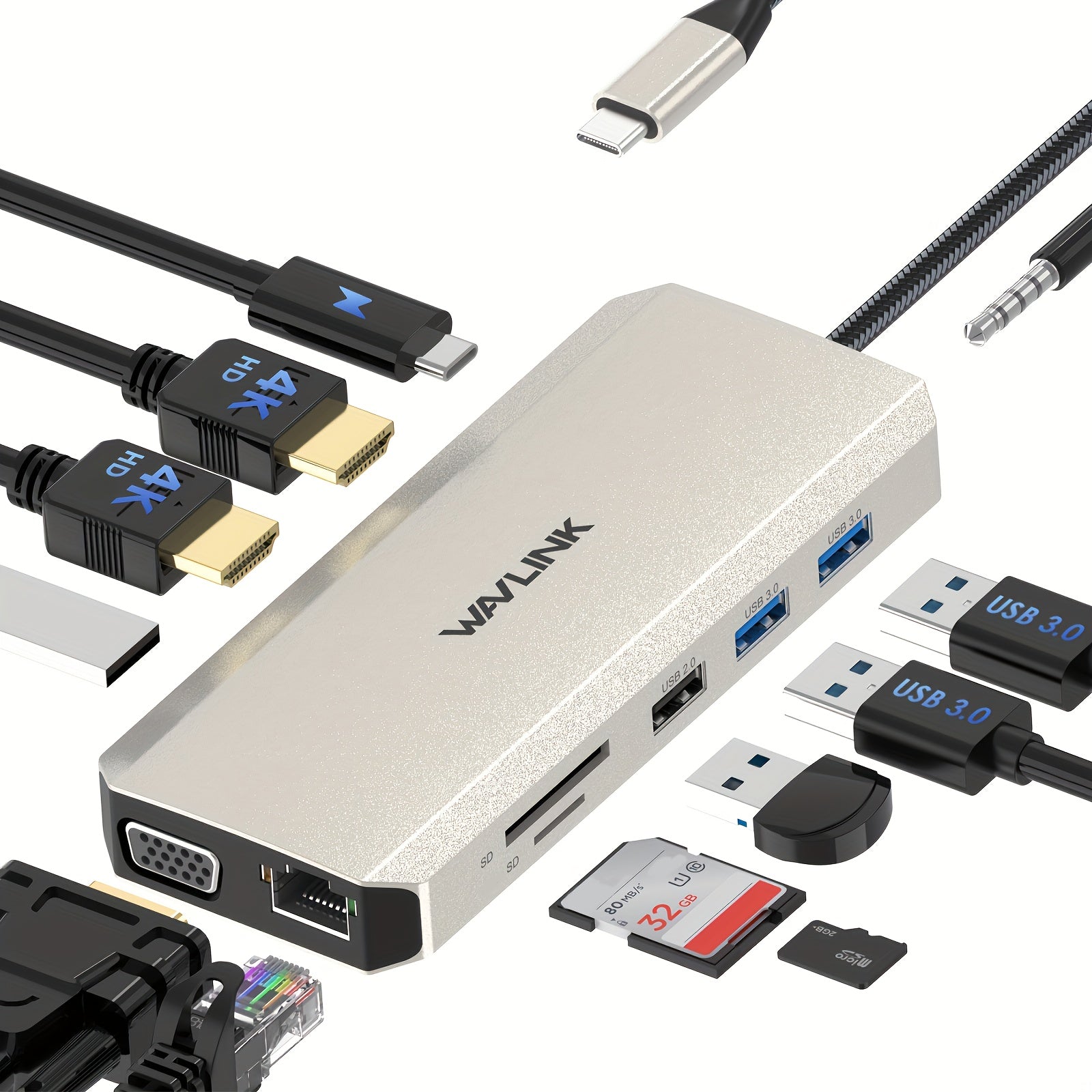 محطة توصيل WAVLINK 12-في-1 USB-C مع شاشة ثلاثية (2x4K HDTV & VGA)، شحن سريع PD بقوة 85 واط، منفذ إيثرنت، قارئ بطاقات USB/SD/TF، جاك صوتي - محطة ألومنيوم مدمجة لأجهزة MacBook، Windows، الهواتف الذكية، الأجهزة اللوحية - متوافقة مع Windows/Mac، بدون حاجة لبر
