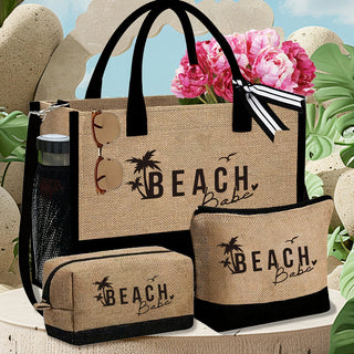 طقم حقائب شاطئية للنساء بتصميم "Beach Babe" مع حروف فنية، سعة كبيرة وحقيبتين للمكياج، مناسب لحفلات الزفاف والعطلات، هدية رائعة للنساء والمعلمات والأصدقاء